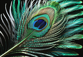 Fototapeta premium single green peacock feathers on a black background