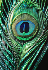 single green peacock feathers on a black background
