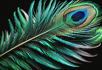 single green peacock feathers on a black background © Anoottotle
