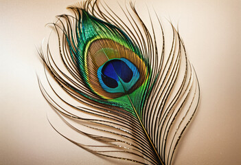 single peacock feathers on a golden background