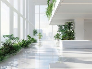 modern office with a lot of indoor plants, white walls and floor, minimalistic interior design, very nice and clean, huge panoramic windows with a view of city skyline