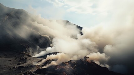View of the natural landscape with an erupting volcano