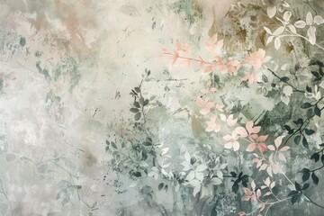 Delicate petals and soothing foliage come together in a nature-inspired, impressionistic style, suitable for creating a serene and feminine space in interior design, floral pastel muted background