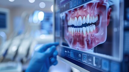 Dental professional evaluating digital teeth scan on monitor, technology integration in modern dental health care