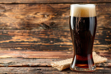 Glass  of dark beer on wooden background - obrazy, fototapety, plakaty