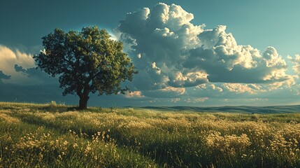 Fototapeta premium a green field with a lone tree and a blue sky with clouds, in the style of poignant, mesmerizing optical illusions