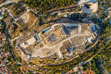 Athens, Greece. Acropolis of Athens in the light of the morning sun. Summer. Aerial view