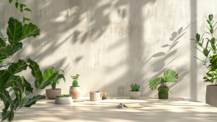 product mock-up, light wooden table surface against a white wall, in the foreground on sides leaves of indoor plants, notes on the table, small cactus on the table, empty space in the middle of scene