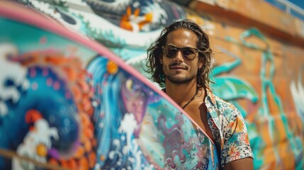 Stylish man with surfboard against vibrant graffiti wall, exuding coolness and urban surf culture,...