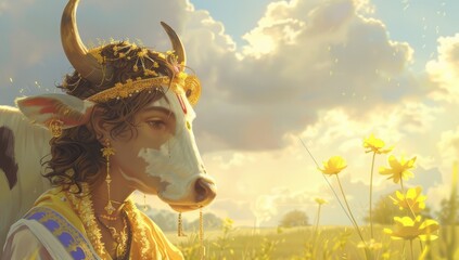the lord krishna in his cow outfit, in the style of photorealistic art, child-like innocence, surreal comic scenes, pastoral scenes, photorealistic scenes, distinctive noses, golden light  - obrazy, fototapety, plakaty