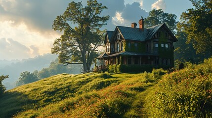 a green grassy field with a house on top, in the style of dreamy atmospheres, azure, spectacular backdrops, hd, romantic emotivity