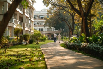 Elderly Couple Walking Together in Residential Area
