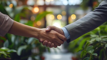 Two professionals shaking hands in a lush greenhouse environment, concept of agreement, partnership, and eco-friendly business