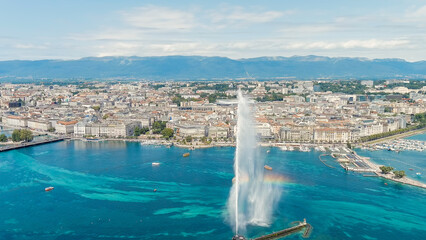 Geneva, Switzerland. Fountain Je-Deau. Large fountain jet up to 140 meters. The main attraction of...
