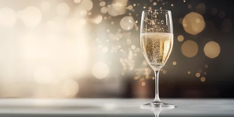 Gordijnen Glass of champagne on a golden bokeh light background © Boris