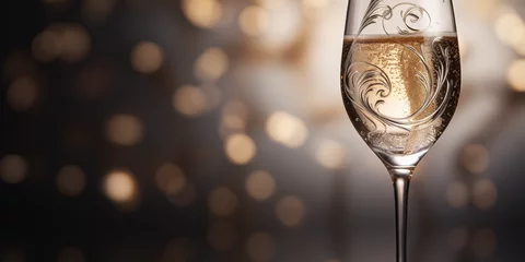 Gordijnen Ornamented glass of champagne on a dark blurry bokeh background © Boris