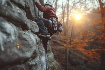 Rock climber scaling a cliff during autumn sunrise, concept of adventure, determination, and overcoming challenges