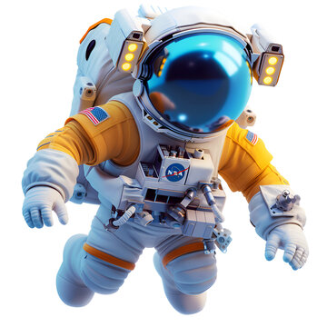 A 3D animated cartoon render of a smiling astronaut floating in outer space.