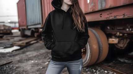 stylish hoodie mockup, model in an urban setting