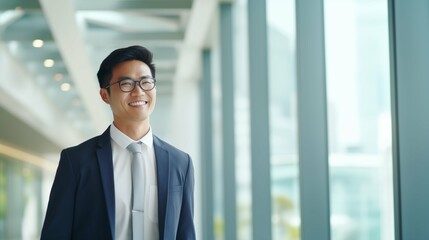 Fototapeta premium Smiling professional business person with copy space, simple background