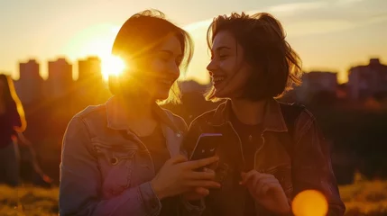 Fototapeten A nonbinary person shares his smart phone with a female friend during sunset © Zaleman