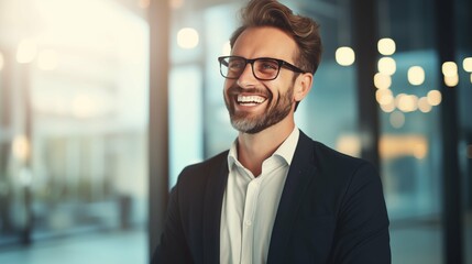 Fototapeta premium Smiling professional business person with copy space, simple background