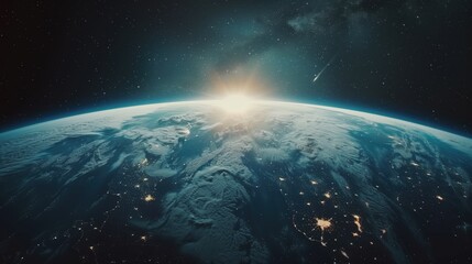 Breathtaking view of Earth from space with sun rising over horizon, concept of exploration, universe, and nature's beauty