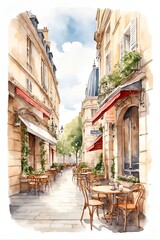 Obraz premium A Painting of a Street With Tables and Chairs. Generative AI.