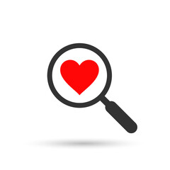 Magnifying glass with heart icon. Search heart and love icon. Vector illustration.