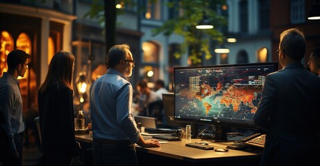 Obraz premium a group of people in a business office and pointing on a monitor, in the style of industrial feel, the pictures generation, romantic academia, transfer, screen format