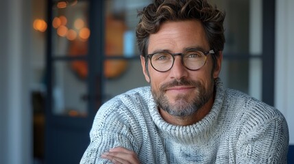 The photographer has captured the image of a young handsome man wearing casual sweater and glasses in front of a blue background with a happy face and crossed arms smiling at the camera. - obrazy, fototapety, plakaty