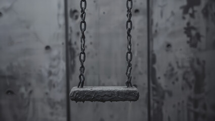 Close-up of an empty, swaying swing where the iron chains symbolize helplessness in loneliness