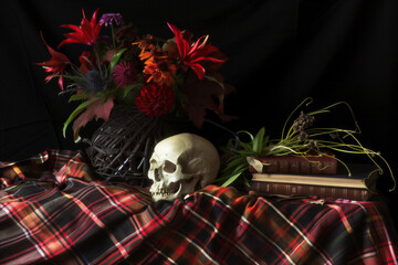 a photographic still-life of a skull with a red table cloth and flowers - 746635128