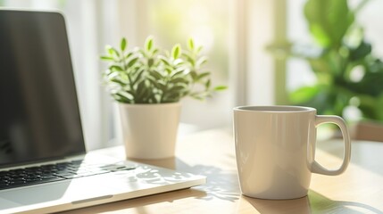 A white mug next to a laptop on a wooden table, illuminated by warm sunlight