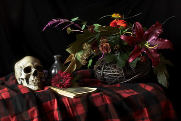 a photographic still-life of a skull with a red table cloth and flowers - 746635154