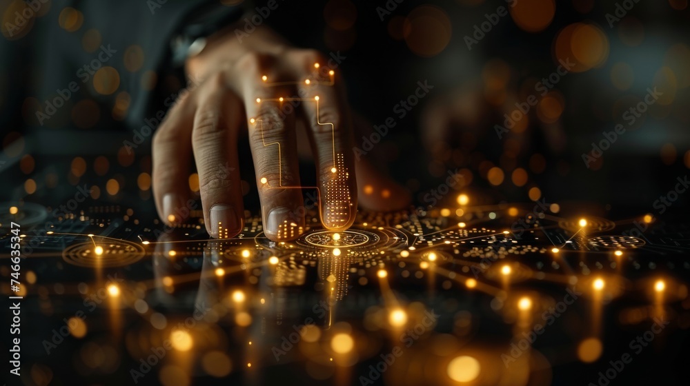 Poster A mind map or organigram on a virtual screen, Business process and workflow automation with flowcharts, and a businessman discussing hierarchy schemes, organization structures, workflows, analyzing,