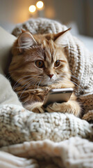 A comfy adorable kitty is distracted from the use of the cell phone - 746635383