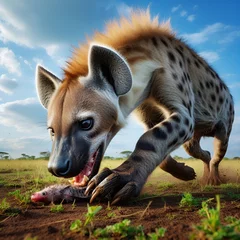 Tuinposter Hiena en plena naturaleza con su presa. © Xavier
