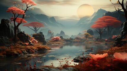 a group of plants are standing in front of mountains, light red and light amber, strong contrast between light and dark, soft mist, dark emerald and light azure, naturecore, 32k uhd - obrazy, fototapety, plakaty