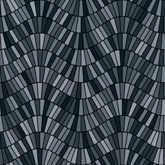Seamless geometric pattern. Gray cobblestone flooring with small rectangular tiles arranged in horizontal wavy lines on a black background. Traditional porphyry design floor. Mosaic style.