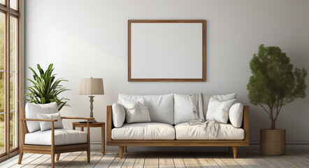 Fototapeta na wymiar Cozy living room design in boho style, bright wall mockup
