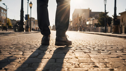 Legs of a man walking on a cobblestone street at sunset