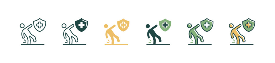 Fototapeta na wymiar people fall protection sign health insurance icon set life safety protection policy with shield cross vector illustration for web and app