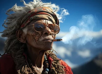 Poster Old African American woman smoking a cigar releasing thick clouds of smoke © kvdkz