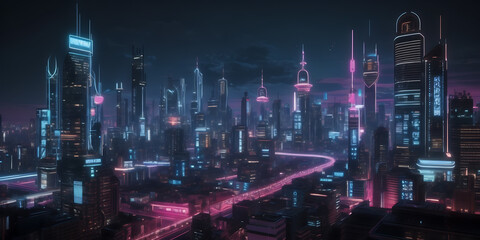 Futuristic city skyline at night, illuminated by neon signs and holographic projections.