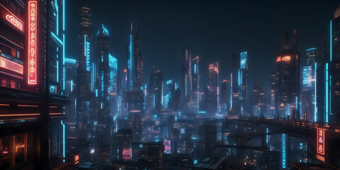 Futuristic city skyline at night, illuminated by neon signs and holographic projections.
