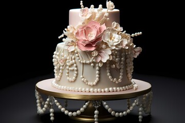A show-stopping birthday cake, meticulously decorated with fondant accents and sugar pearls, displayed on a white backdrop, adding a touch of elegance to the celebration.