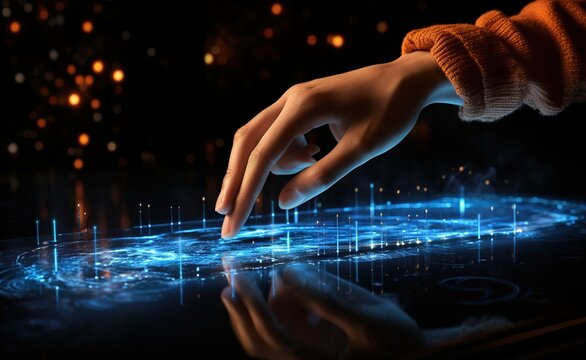 a hand holding a pencil, pointing towards a blue light, and referencing the number, highly polished surfaces, luminous, figurative precision, symbolic images, contact printing