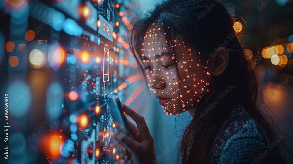 Poster Concepts to protect data with cyber security and privacy. Lock icon and internet network security technology. Smartphone using virtual screen interfaces and protecting personal information with cyber