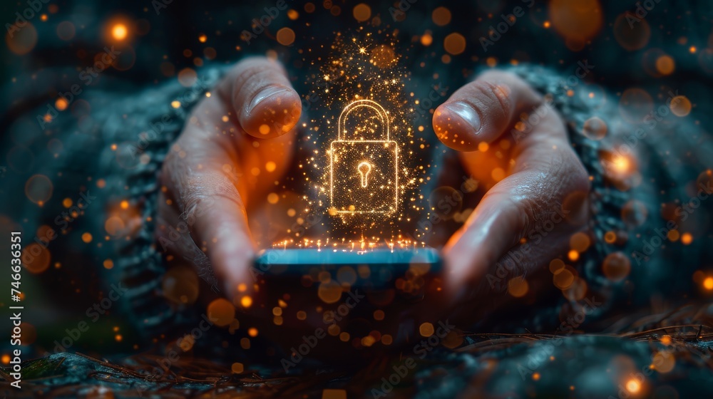 Poster Security and privacy concepts to protect data. Lock icon and internet network security technology. A businessman protecting personal data on a smartphone.